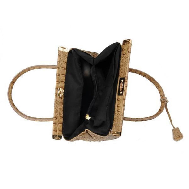 Croc Embossed Tan Beige Leather Medium Handbag Handmade In Italy