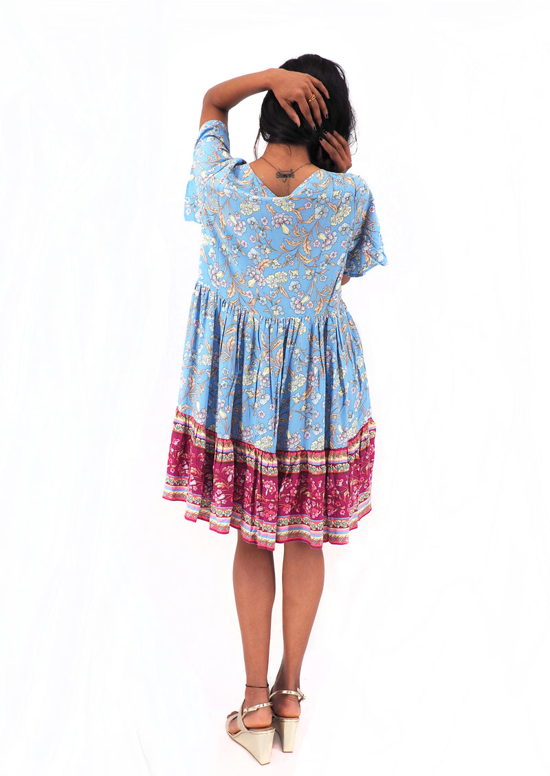 Bohemian Gypsy Hippy Rayon Light Weight Short Dress Blue Floral S-M-L