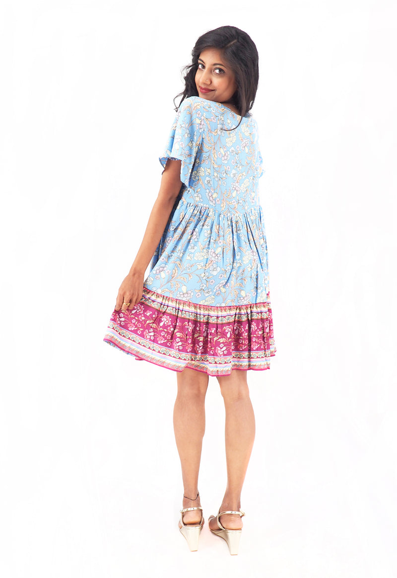 Bohemian Gypsy Hippy Rayon Light Weight Short Dress Blue Floral S-M-L