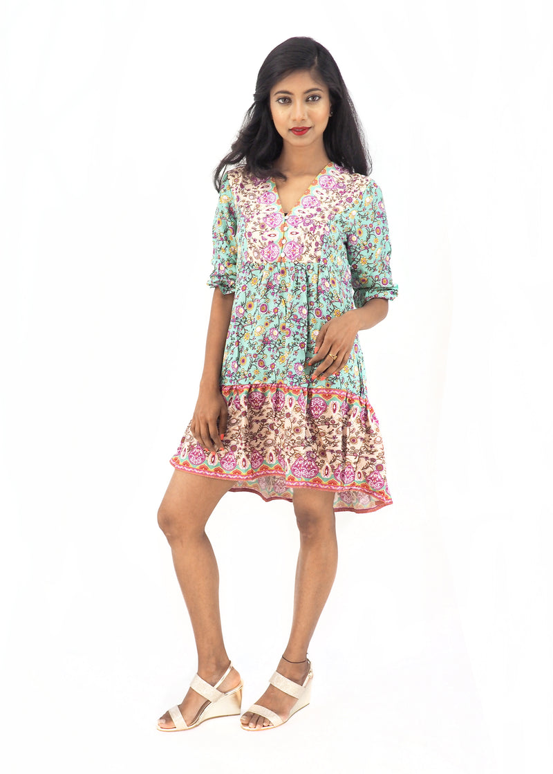 Bohemian Gypsy Hippy Rayon Light Weight Short Dress Green Floral S-M-L