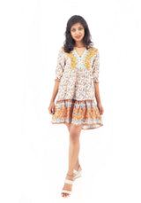 Bohemian Gypsy Hippy Rayon Light Weight Short Dress Yellow Floral S-M-L