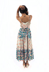 Bohemian Gypsy Hippy Rayon Light Weight Long Dress Green Floral S-M-L