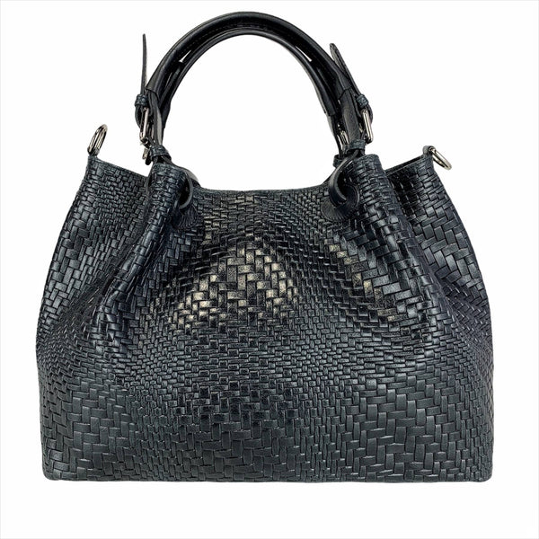 Woven Braided Style Black Genuine Leather Medium Handbag Made In Italy