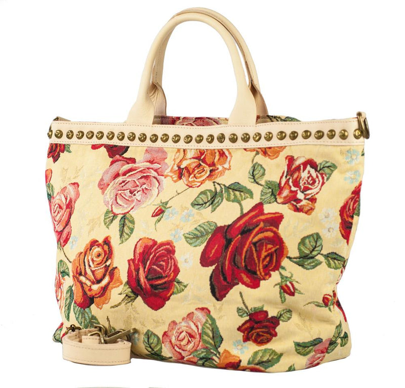 Floral Design Tapestry Handbag With Leather Handles