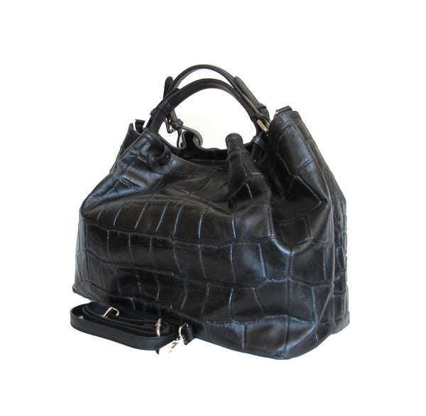 Croc Embossed Black Leather Large Handbag Made In Italy