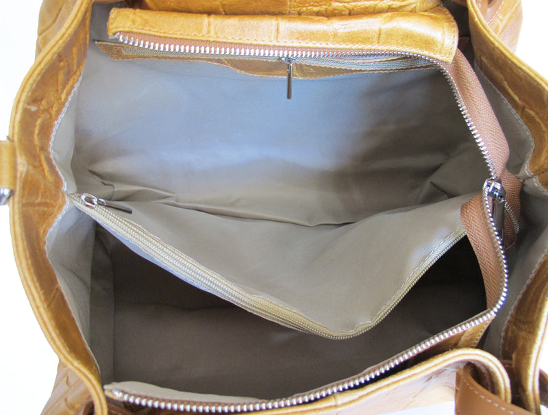 Embossed Tan Leather Large Handbag