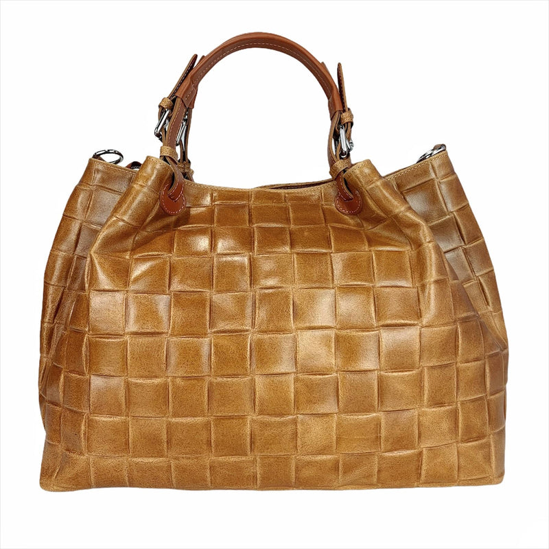 Brown woven leather handbag with braided pattern and handles