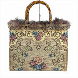 Beige Tapestry Handbag Bamboo Handles Made In Italy Gorgeous
