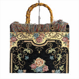 Black Tapestry Handbag Bamboo Handles Made In Italy Gorgeous