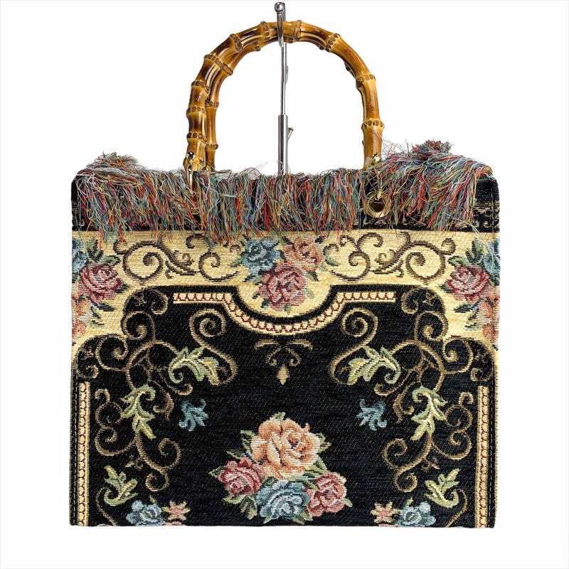 Black Tapestry Handbag Bamboo Handles Made In Italy Gorgeous