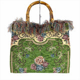Green Tapestry Handbag Bamboo Handles Made In Italy Gorgeous