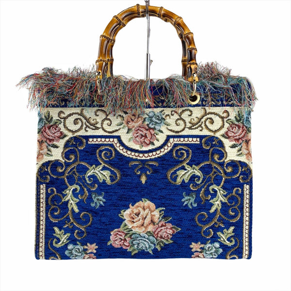 Blue Tapestry Handbag Bamboo Handles Made In Italy Gorgeous