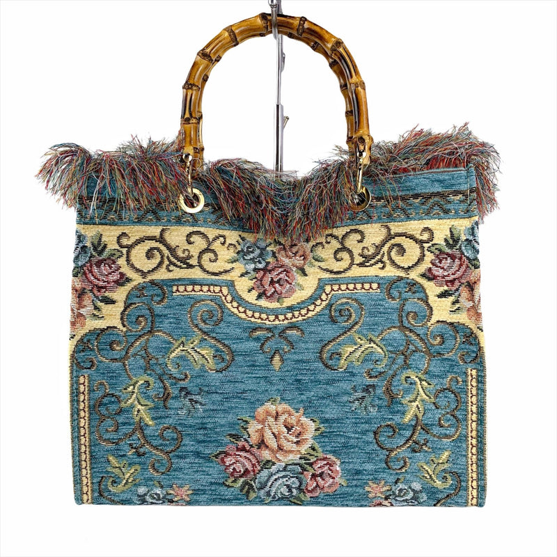 Turquoise Tapestry Handbag Bamboo Handles Made In Italy Gorgeous