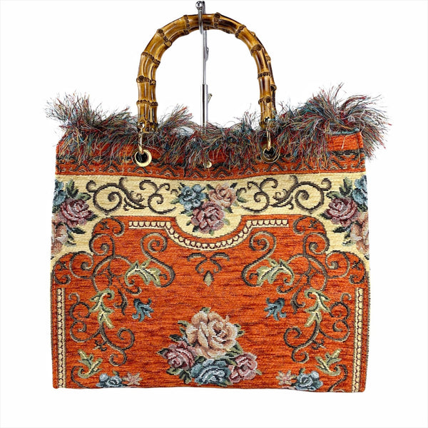 Orange Tapestry Handbag Bamboo Handles Made In Italy Gorgeous