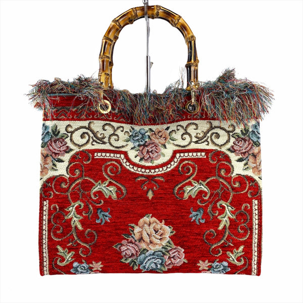 Red Tapestry Handbag Bamboo Handles Made In Italy Gorgeous