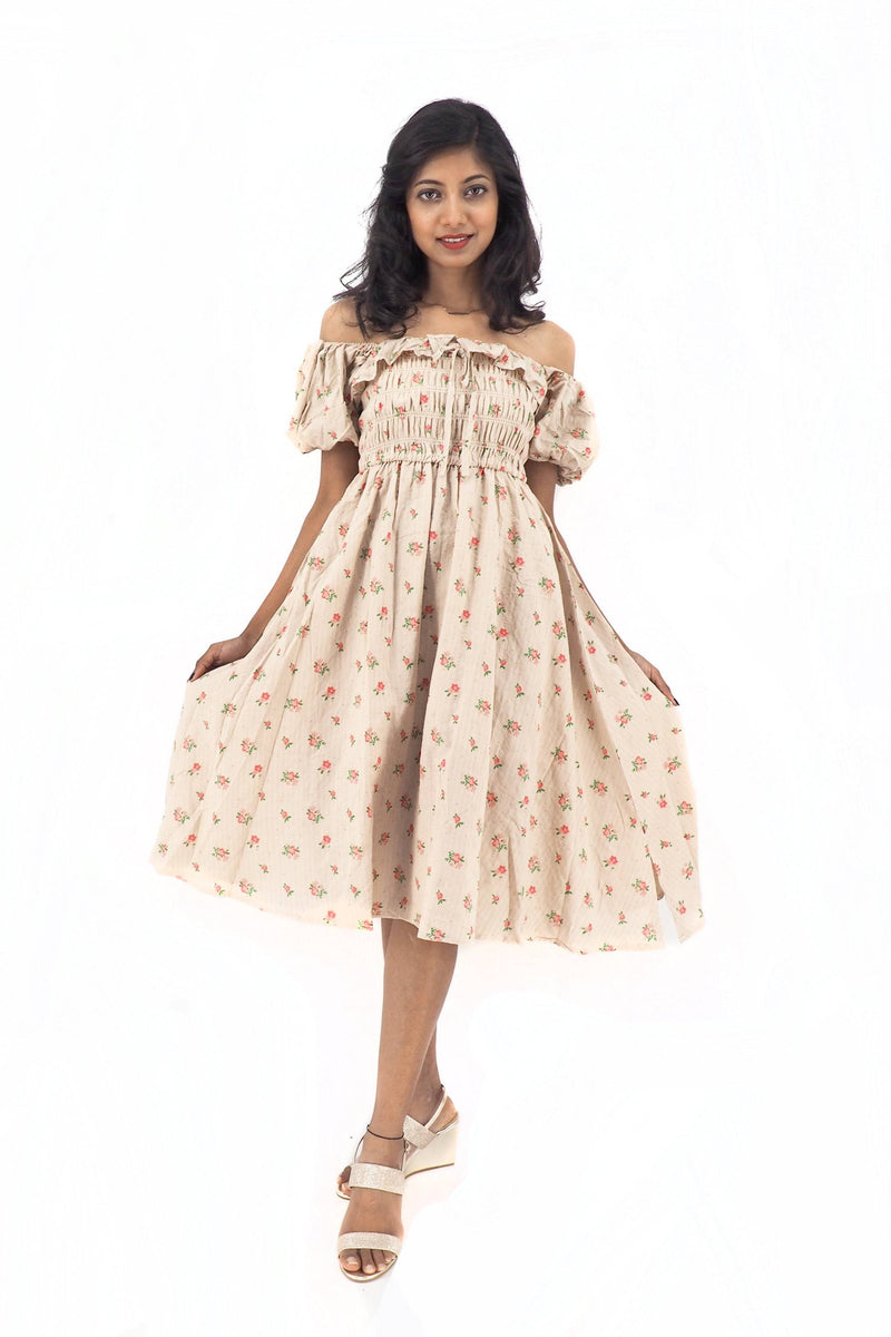 Bohemian Gypsy Hippy Rayon Light Weight Short Dress Cream Floral S-M-L, S