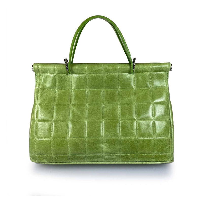 Quilted Pattern Green Leather Medium Handbag Handmade In Italy