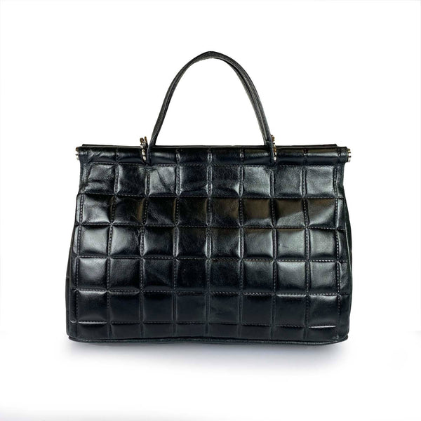 Quilted Pattern Black Leather Medium Handbag Handmade In Italy