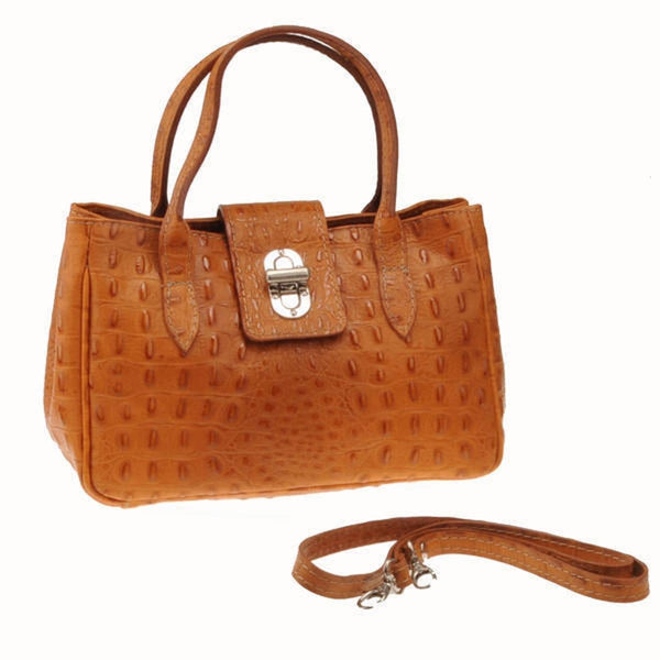 Tan Leather Handbag Detachable Shoulder Strap Croc Embossed Made In Italy