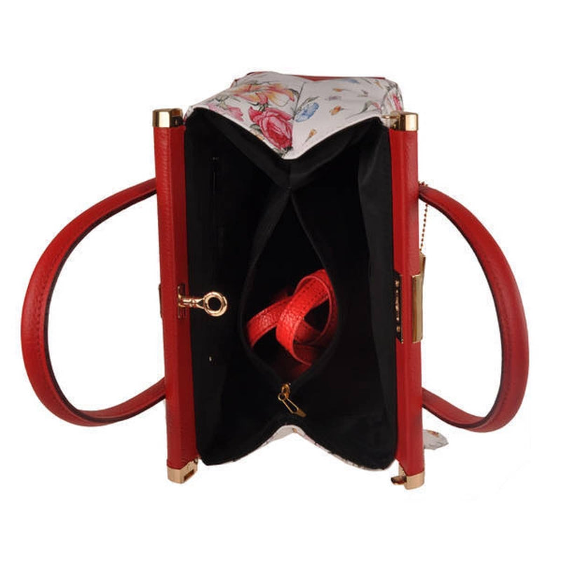 Floral Print On Leather Red Trim Medium Handbag Handmade In Italy