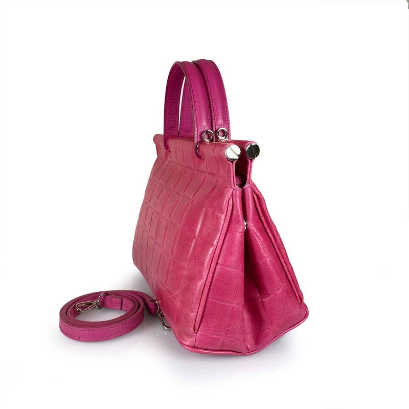 Quilted Pattern Fuscia Leather Medium Handbag Handmade In Italy