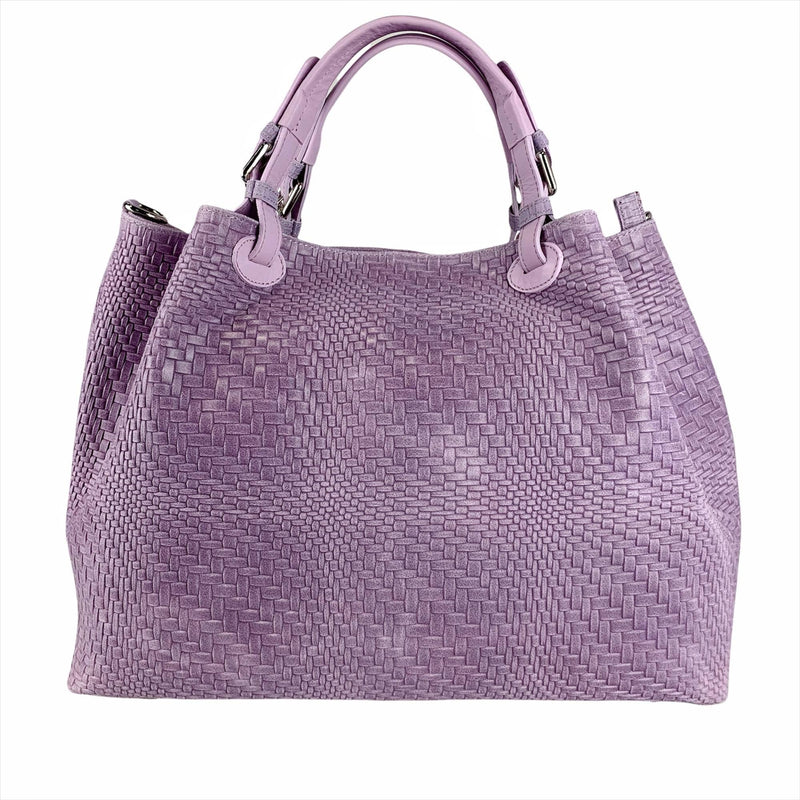 Woven Braided Pattern Violet Leather Large Handbag Handmade In Italy