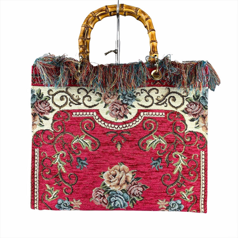 Fuscia Tapestry Handbag Bamboo Handles Made In Italy Gorgeous