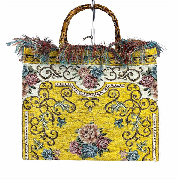Yellow Tapestry Handbag Bamboo Handles Made In Italy Gorgeous