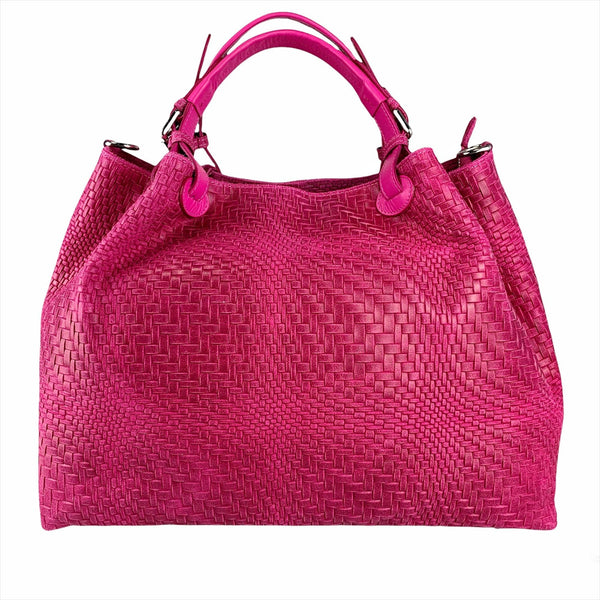 Woven Braided Style Pink Genuine Leather Medium Handbag Made In Italy