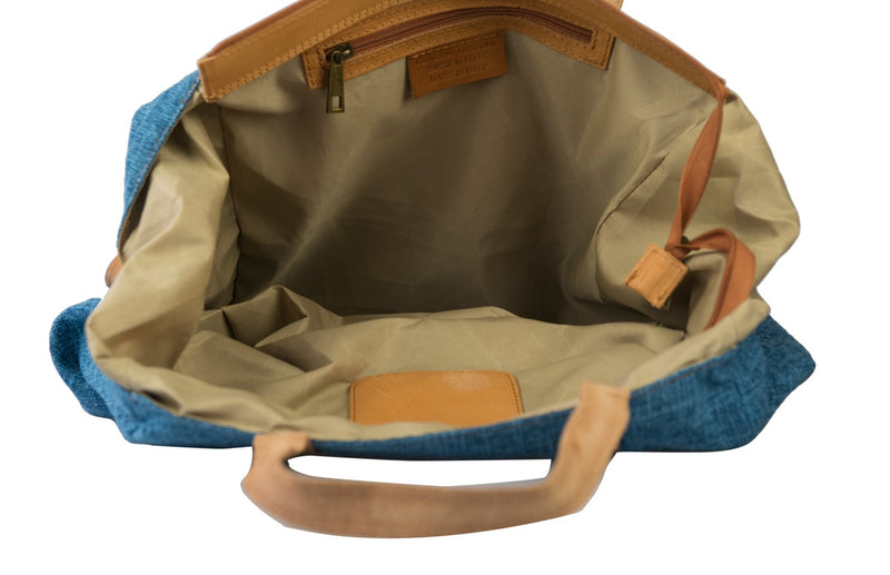 Blue Canvas Handbag Leather Handles & Shoulder Strap