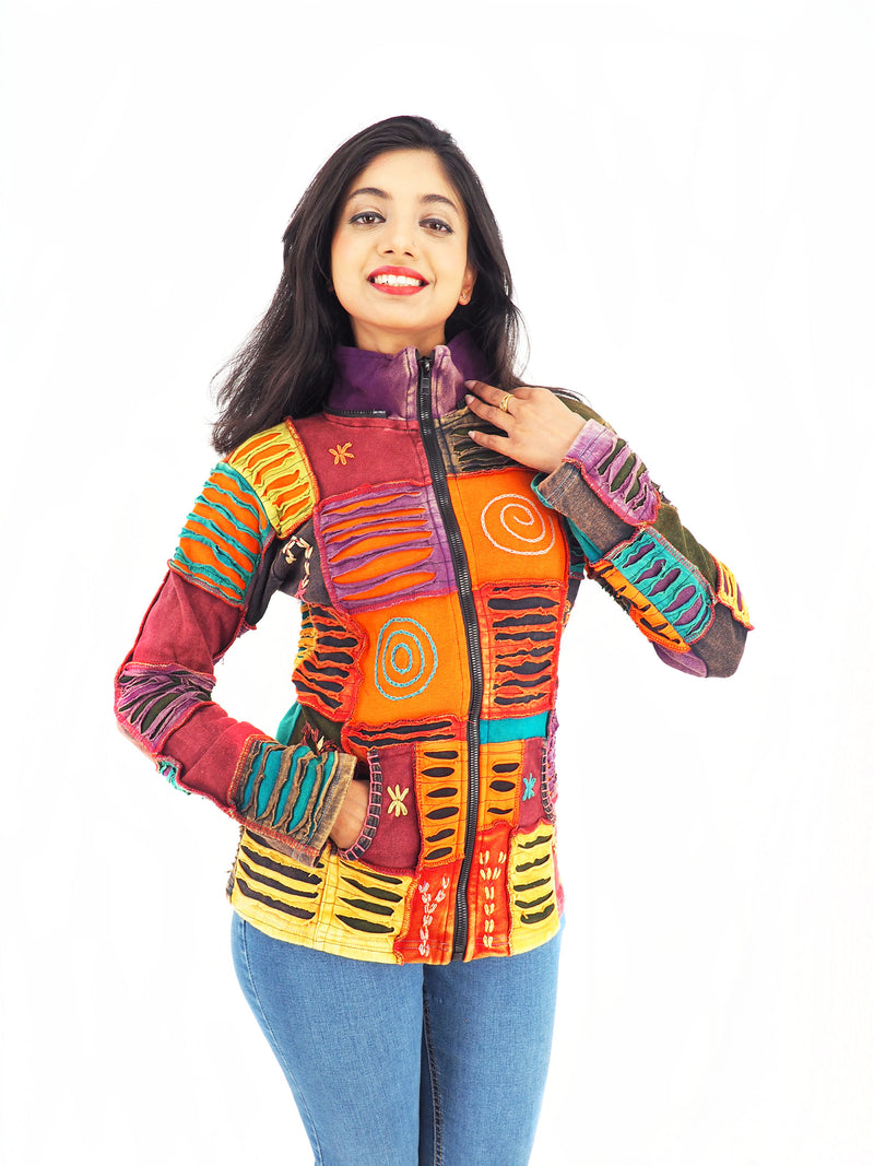 Handmade Patchwork Boho Hippie Jacket Pre-Washed Cotton Orange Tones Detachable Hood