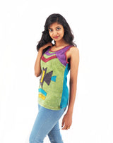 Handmade Patchwork Boho Tribal Tank Top 100% Pre-Washed Cotton Green Tones S-M-L-XL