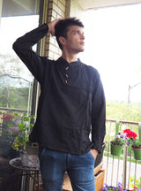 Men's Handmade Casual Boho Cotton Shirt Size S-M-L-XL Black