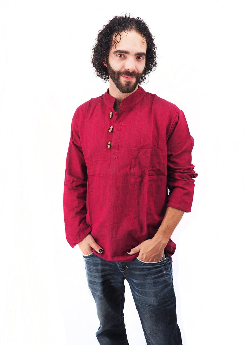 Men's Handmade Casual Boho Cotton Shirt Size S-M-L-XL Burgundy