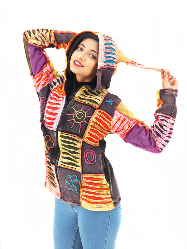 Handmade Patchwork Boho Hippie Hoodie 100% Pre-Washed Cotton Fleece Lined S-M-L-XL