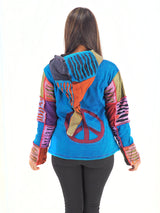 Handmade Patchwork Boho Hippie Hoodie 100% Pre-Washed Cotton Fleece Lined Blue S-M-L-XL