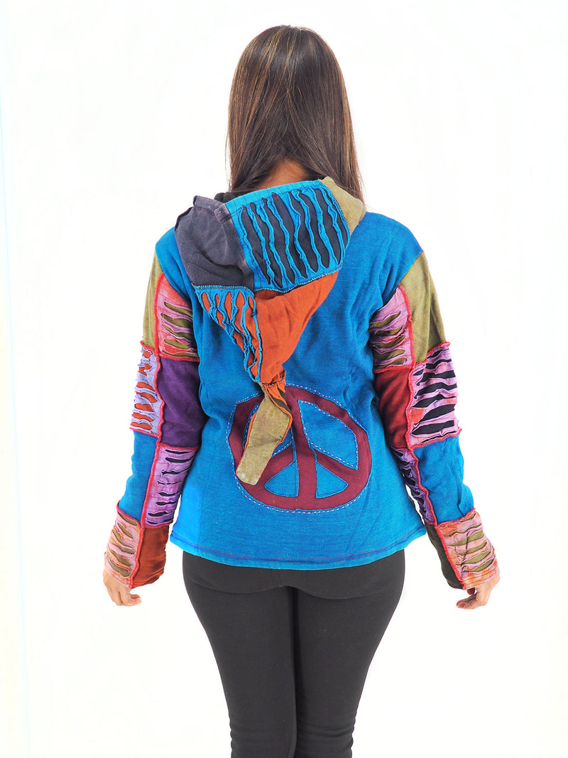 Handmade Patchwork Boho Hippie Hoodie 100% Pre-Washed Cotton Fleece Lined Blue S-M-L-XL