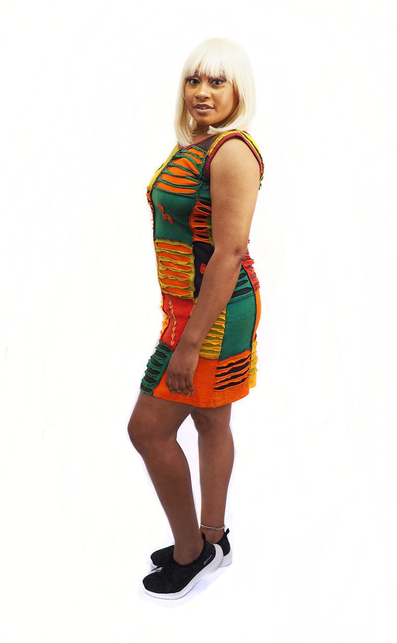 Handmade Patchwork Boho Dress 100% Pre-Washed Cotton Orange Lime Tones S-M-L-XL