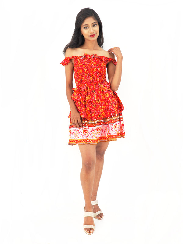 Bohemian Gypsy Hippy Rayon Light Weight Short Dress Smocked Top Red S-M