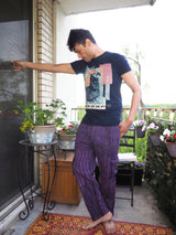 Unisex Handmade Casual Boho Cotton Solid And Stripe Purple Color Pants Size S-M-L-XL