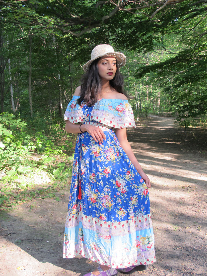Blue Bohemian Gypsy Hippy Floral Dress