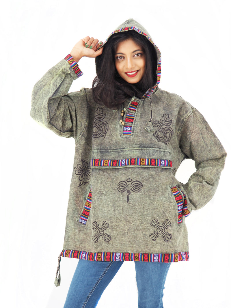 Handmade Casual Boho Cotton Unisex Jackets Hoodies Size S-M-L-XL Stone Wash Green