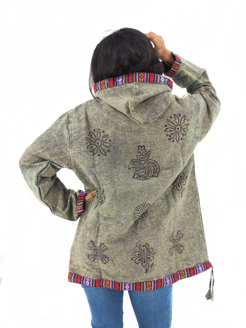 Handmade Casual Boho Cotton Unisex Jackets Hoodies Size S-M-L-XL Stone Wash Green