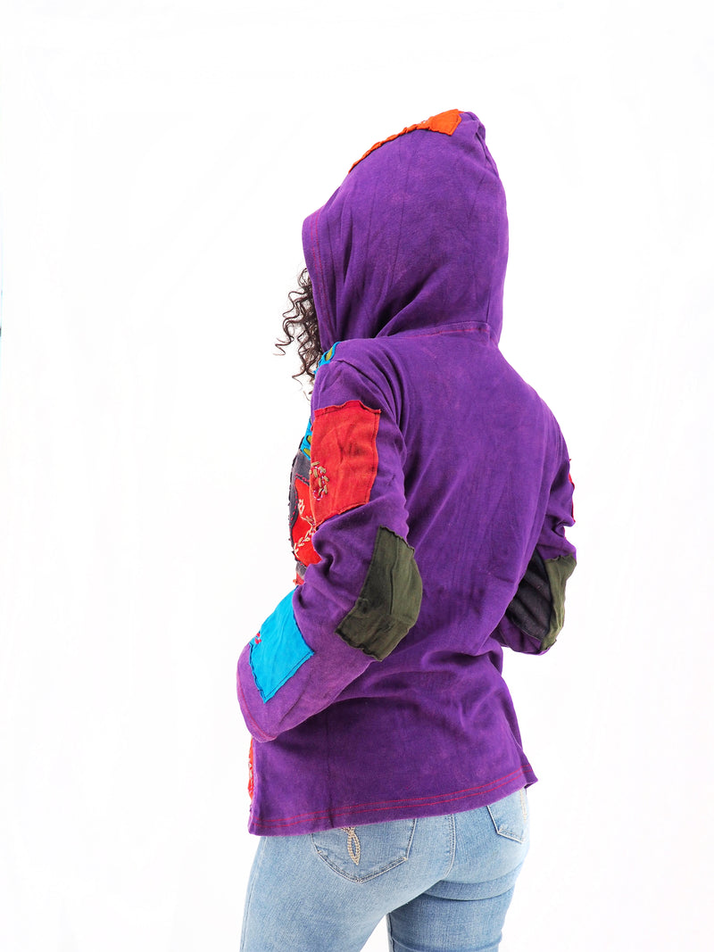Handmade Patchwork Boho Hoodie 100% Pre-Washed Cotton Blue Purple Tones S-M-L-XL