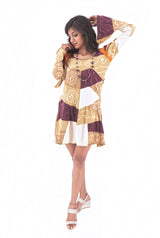 Handmade Patchwork Boho Dress Bell Sleeves 100% Pre-Washed Cotton Brown Beige Tones S-M-L-XL