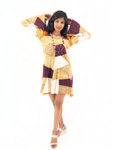 Handmade Patchwork Boho Dress Bell Sleeves 100% Pre-Washed Cotton Brown Beige Tones S-M-L-XL