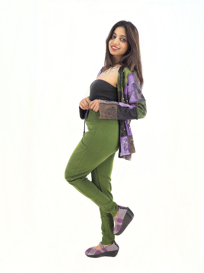 Handmade Casual Boho Cotton Solid Color Leggings Yoga Pants Size S/M to L/XL Green