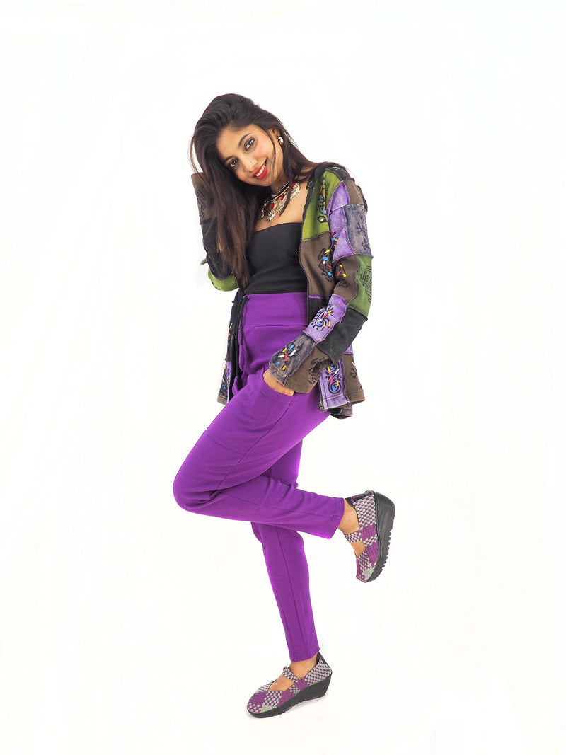 Handmade Casual Boho Cotton Solid Color Leggings Yoga Pants Size S/M to L/XL Purple