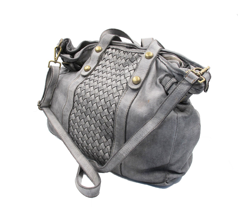 Woven Grey Super Soft Washed Calf Leather Handbag