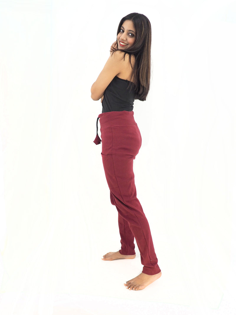 Handmade Casual Boho Cotton Solid Color Leggings Yoga Pants Size S/M to L/XL Burgundy